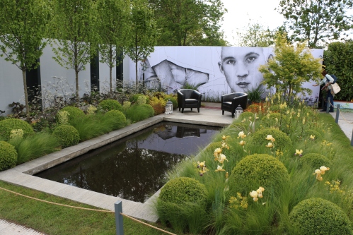 A dominating mural but lovely planting combinations of box globes, grasses and irises.